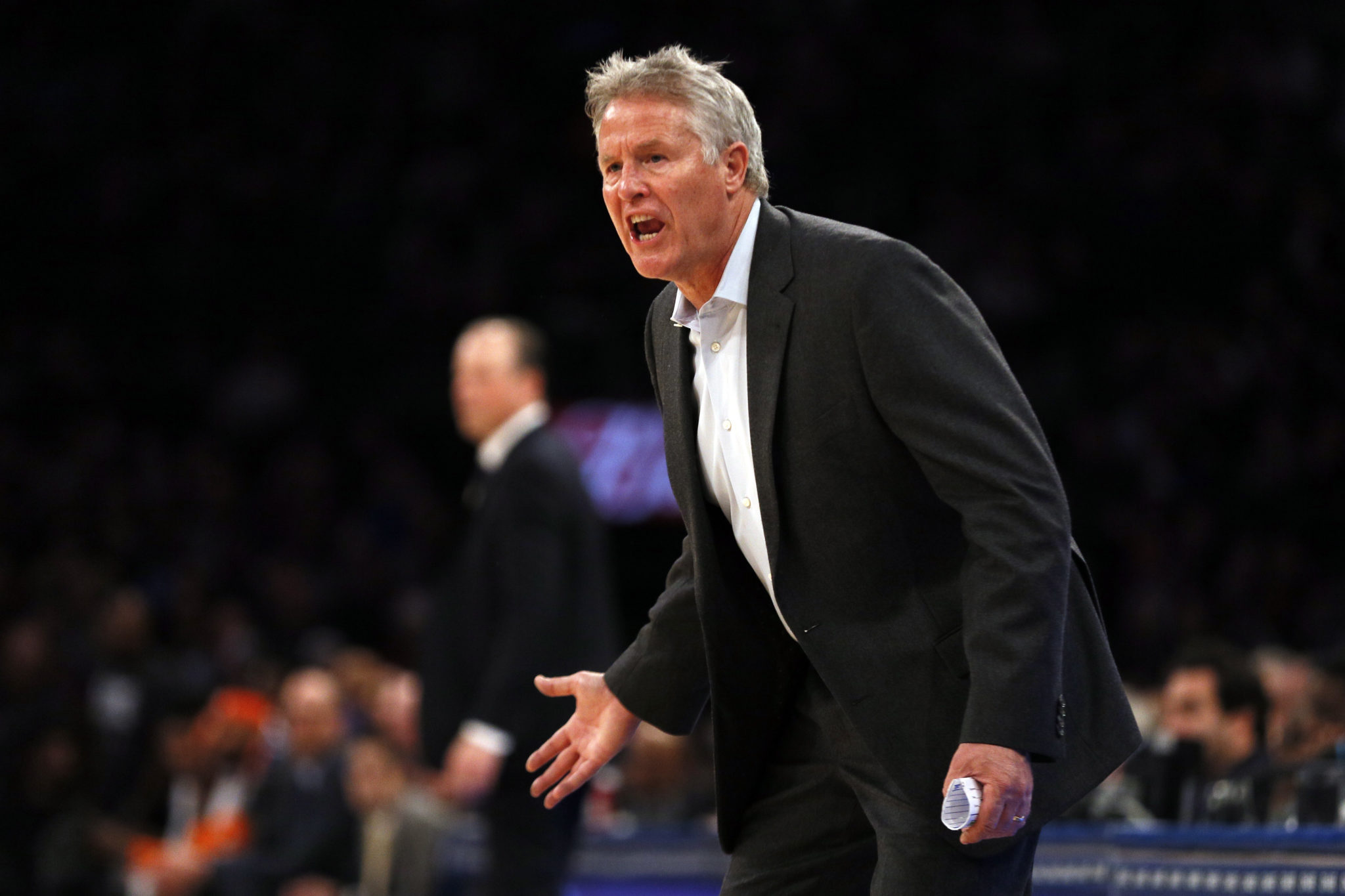 Jan 18, 2020; New York, New York, USA; Philadelphia 76ers head coach Brett Brown directs his team against the New York Knicks during the first half at Madison Square Garden. Mandatory Credit:  Adam Hunger-USA TODAY Sports