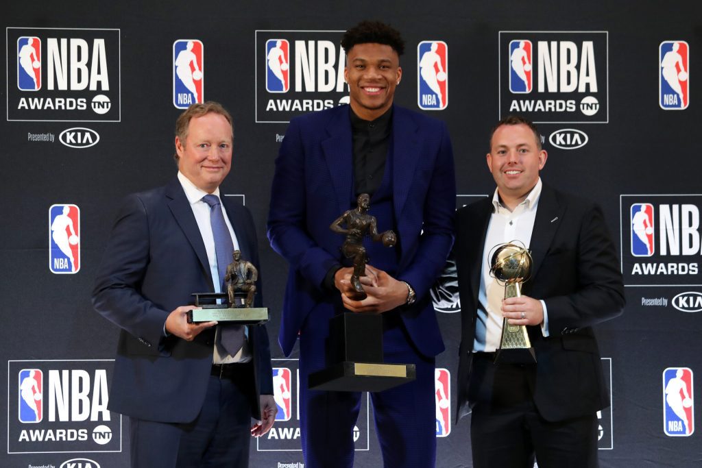 SANTA MONICA, CA - JUNE 24:  Head Coach Mike Budenholzer, Giannis Antetokounmpo #34  and Milwaukee Bucks General Manager Jon Horst pose for a photograph during a press conference before the 2019 NBA Awards Show at the Barker Hangar on June 24, 2019 in Santa Monica, California. NOTE TO USER: User expressly acknowledges and agrees that, by downloading and/or using this Photograph, user is consenting to the terms and conditions of the Getty Images License Agreement. Mandatory Copyright Notice: Copyright 2019 NBAE (Photo by Will Navarro/NBAE via Getty Images)