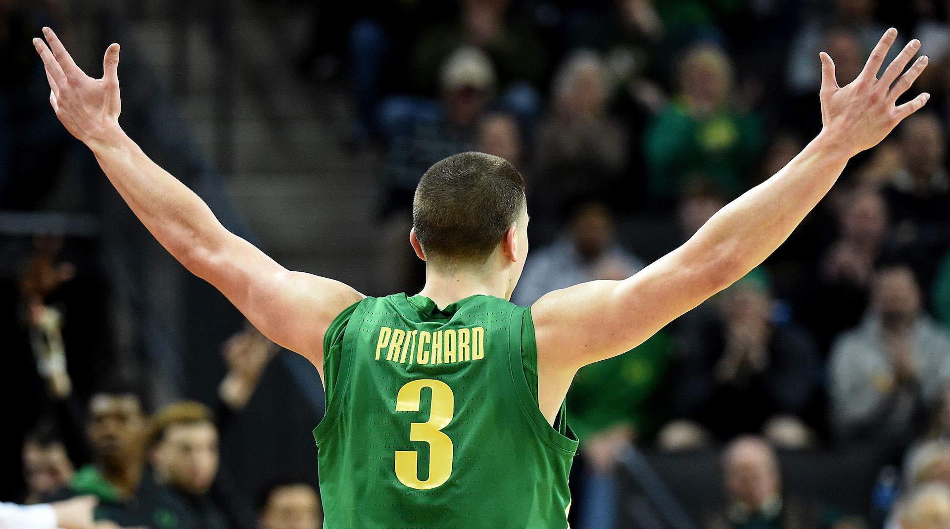 EUGENE, OREGON - MARCH 07: Payton Pritchard #3 of the Oregon Ducks encourages the crowd during the second half against the Stanford Cardinal at Matthew Knight Arena on March 07, 2020 in Eugene, Oregon. Oregon won 80-67. (Photo by Steve Dykes/Getty Images)