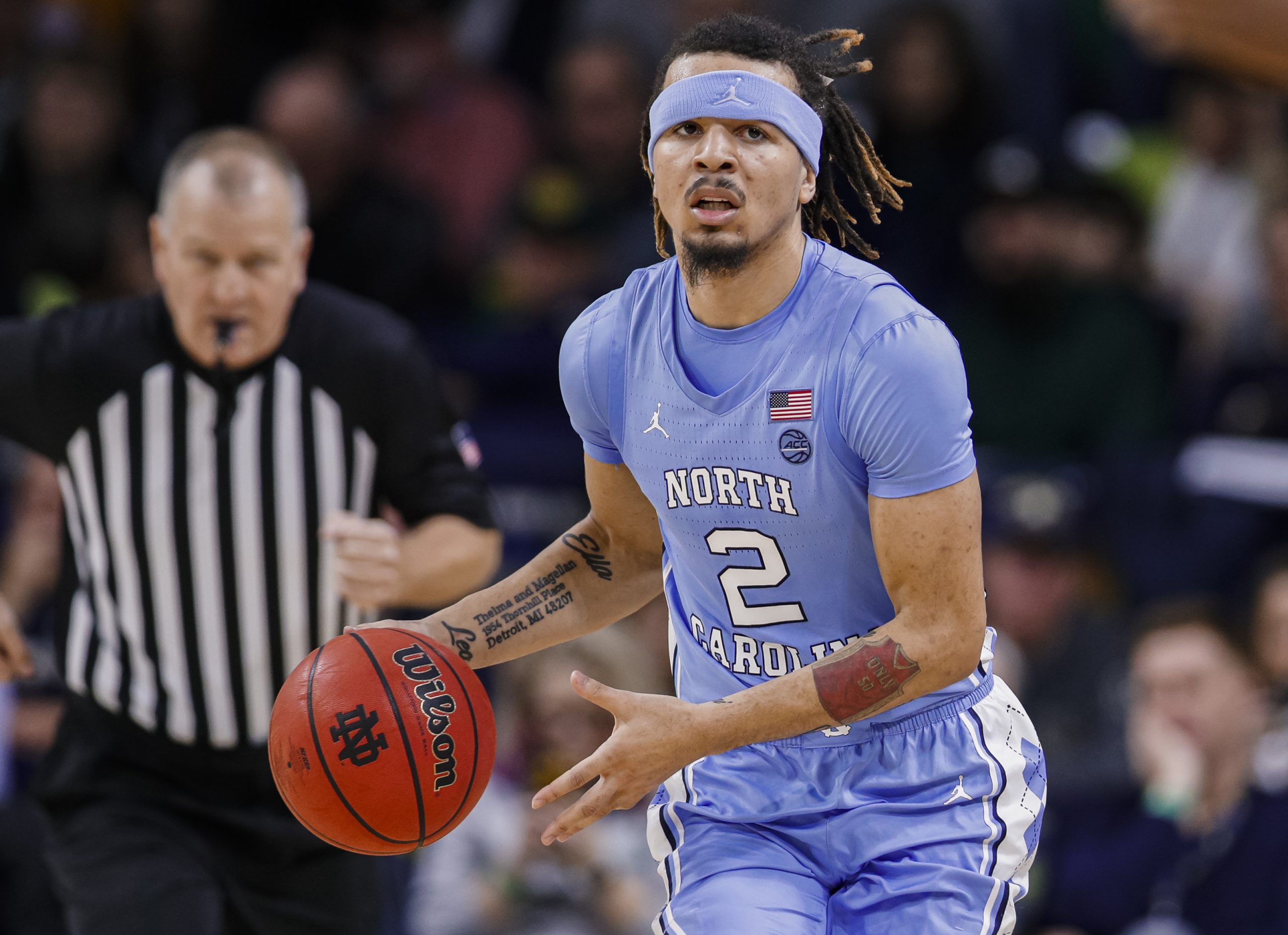 SOUTH BEND, IN - FEBRUARY 17: Cole Anthony #2 of the North Carolina Tar Heels brings the ball up court during the game against the Notre Dame Fighting Irish at Purcell Pavilion on February 17, 2020 in South Bend, Indiana. (Photo by Michael Hickey/Getty Images)