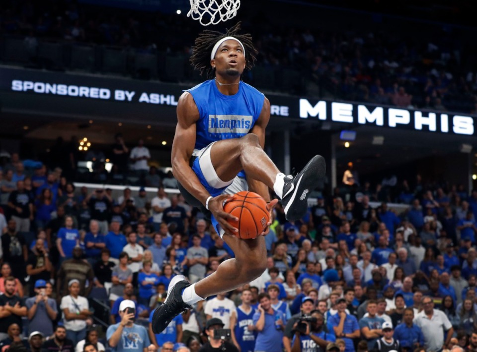 Memphis Tiger Precious Achiuwa attempts a dunk during Memphis Madness at FedExForum Thursday, Oct. 3. (Mark Weber/Daily Memphian)