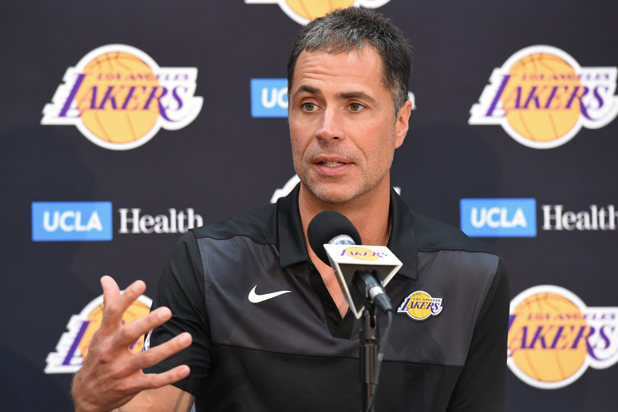 EL SEGUNDO, CA - SEPTEMBER 20: Lakers President of Basketball Operations Earvin "Magic" Johnson and General Manager Rob Pelinka conduct a press conference at the Lakers UCLA Health Training Facility in El Segundo, California. NOTE TO USER: User expressly acknowledges and agrees that, by downloading and or using this photograph, User is consenting to the terms and conditions of the Getty Images License Agreement. Mandatory Copyright Notice: Copyright 2018 NBAE (Photo by Andrew D. Bernstein/NBAE via Getty Images)