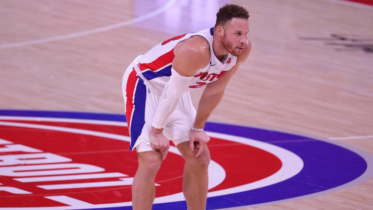 DETROIT, MICHIGAN - JANUARY 13: Blake Griffin #23 of the Detroit Pistons looks to the bench during a time out in the fourth quarter of the game against the Milwaukee Bucks at Little Caesars Arena on January 13, 2021 in Detroit, Michigan. Milwaukee Bucks defeated Detroit Pistons 110-101. NOTE TO USER: User expressly acknowledges and agrees that, by downloading and or using this photograph, User is consenting to the terms and conditions of the Getty Images License Agreement. (Photo by Leon Halip/Getty Images)